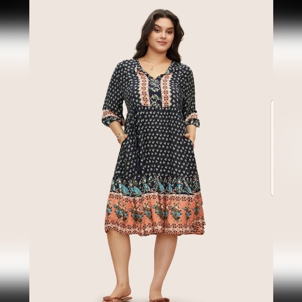 BloomChic Navy Floral-Print Midi Dress with Coral Border